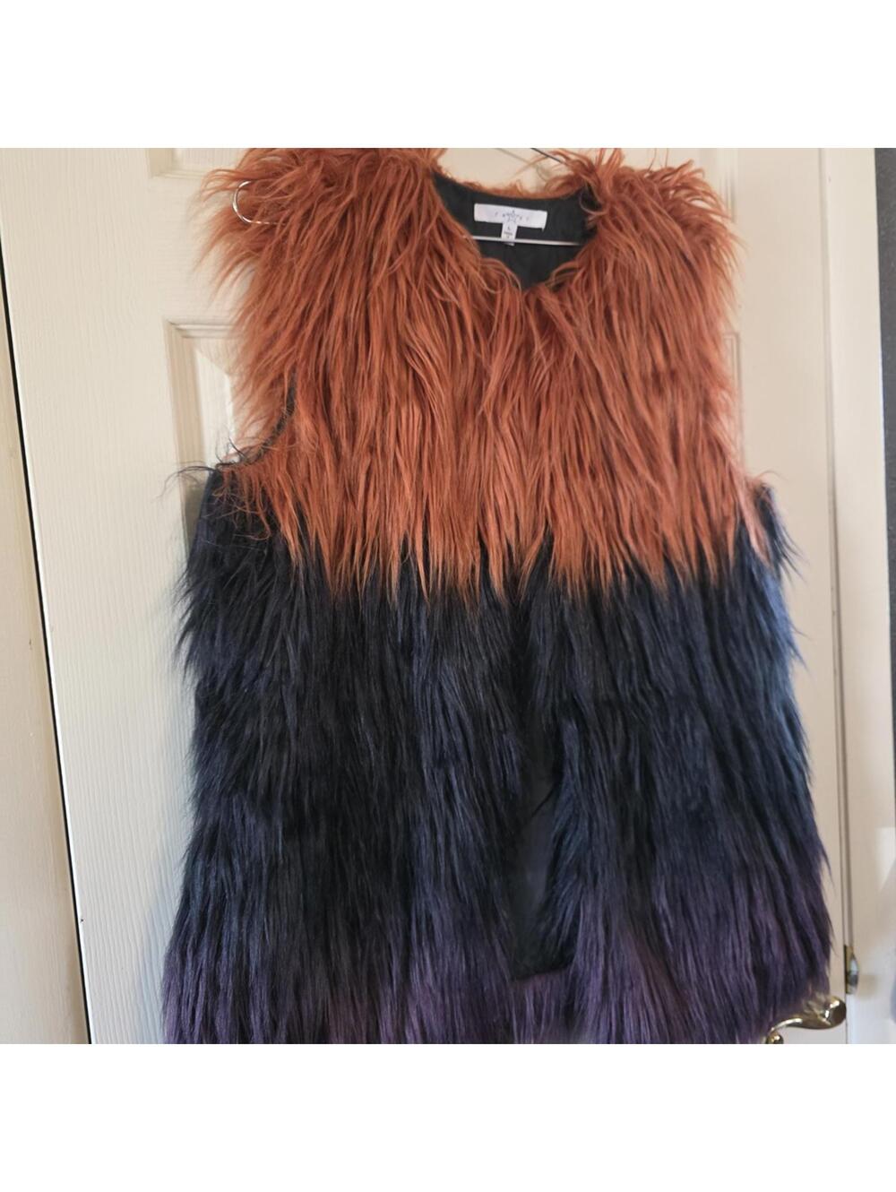 Fever Faux Fur Vest in Rust, Black & Purple